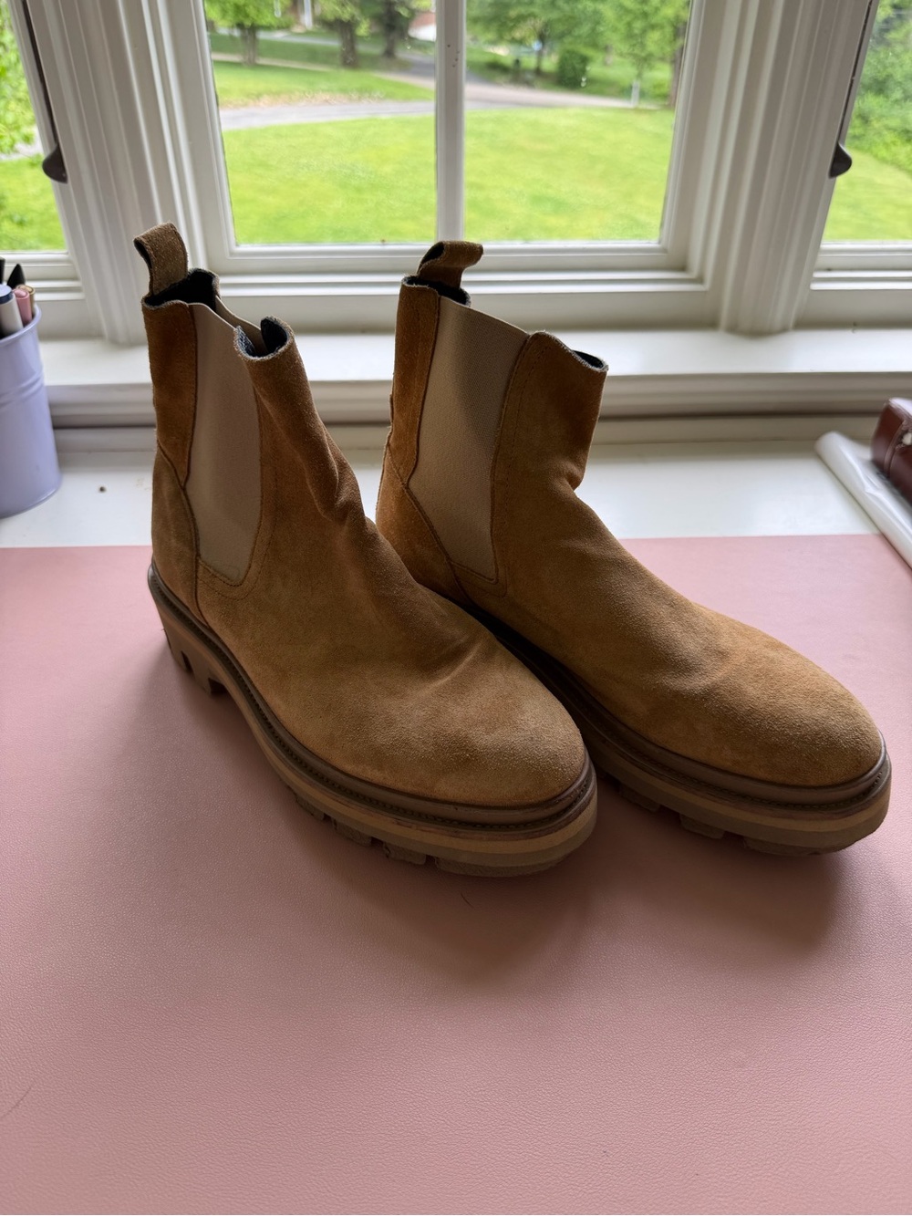 AllSaints Tan Suede Chukka Boots with Lug Sole